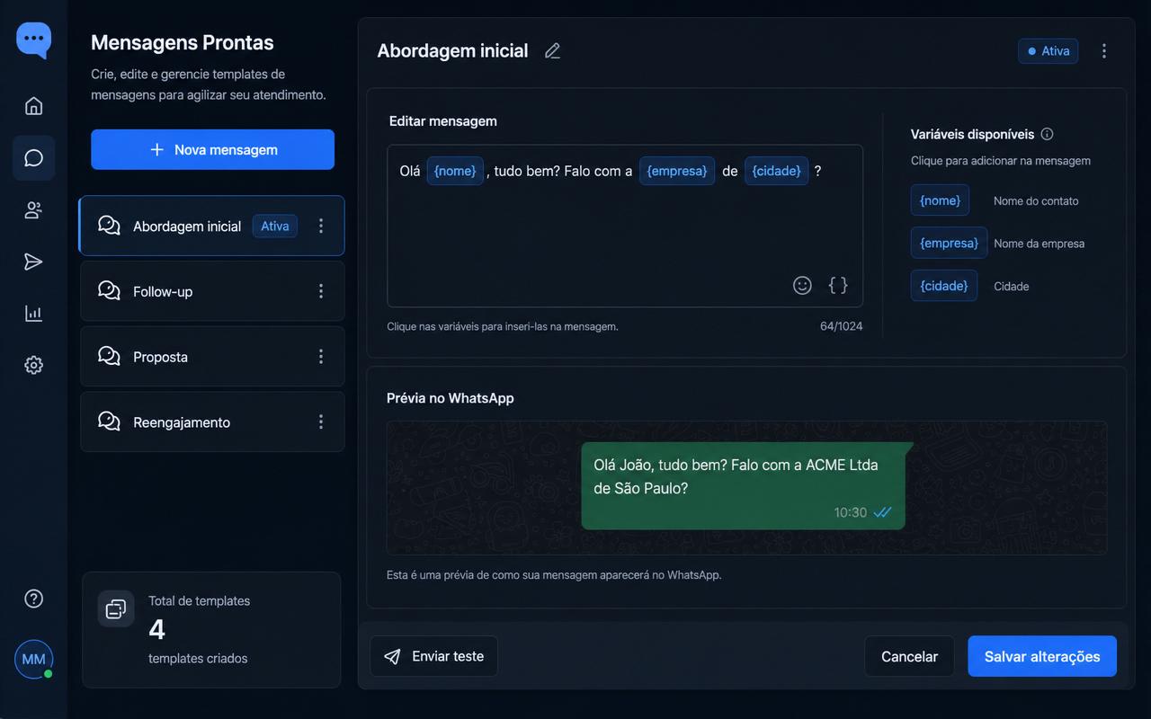 Mensagens prontas com variáveis dinâmicas